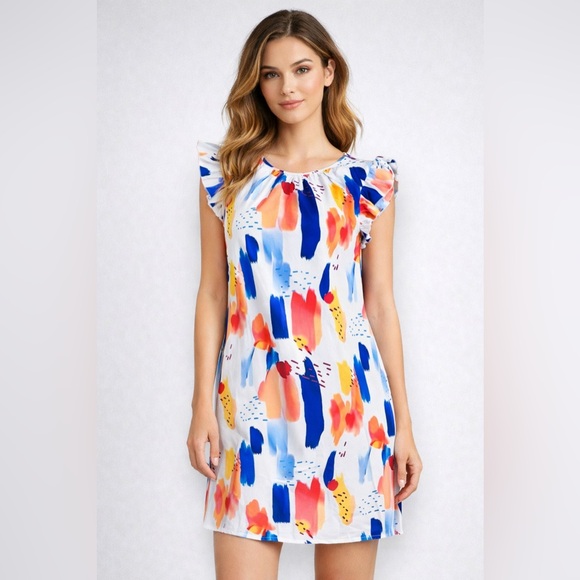 None Dresses & Skirts - Abstract Paint Brush Print Ruffle Sleeve A-Line Tunic Dress – Lightweight